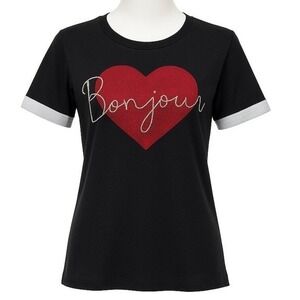 Bonjour S Black Heart Rhinestone Tee Small  Parisian Girly Coquette